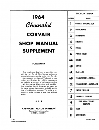 1962-1964 Corvair Shop Manual Supplement