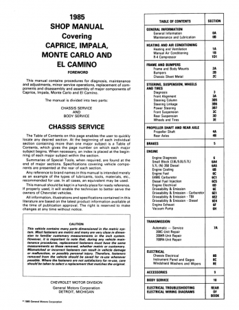 1985 Chevrolet Monte Carlo, El Camino, Impala, Caprice Shop Manual