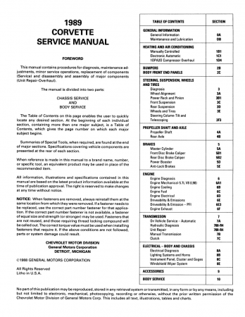 1989 Chevrolet Corvette Service Manual & Electrical Supplement