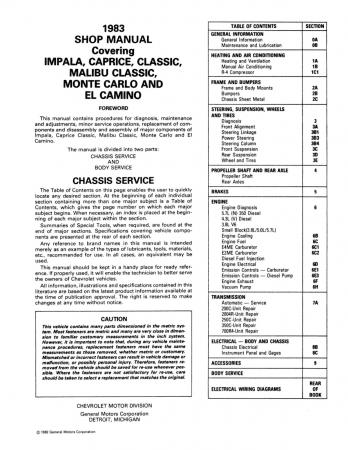 1983 Chevrolet Monte Carlo, El Camino, Malibu, Impala, Caprice Shop Manual