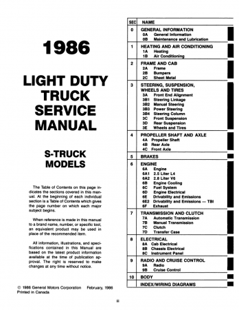 1986 Chevrolet S-10 LD Truck Shop Manual - Includes 11x26 Wiring Diagrams