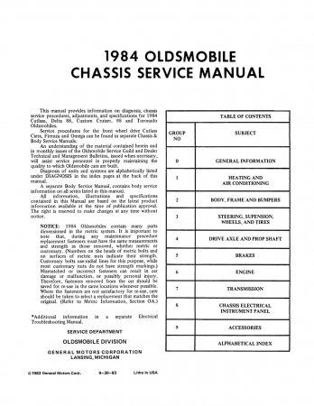 1984 Oldsmobile Service Manual - Cutlass Supreme, Delta 88, 98, Toronado