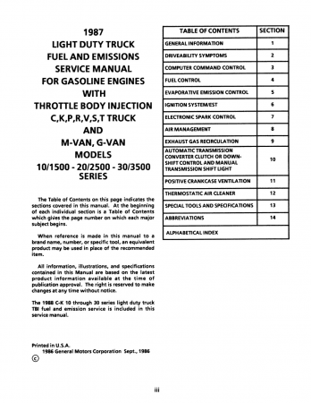 1987 Chevrolet Light Duty Driveability & Emissions Service Manual Supplement to 1987 Chevy LD Truck Shop Manual