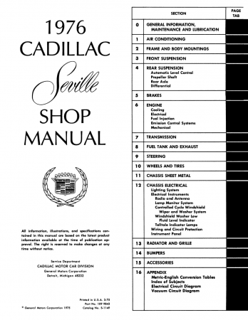 1976 Cadillac Seville Shop Manual - Includes Color Wiring / Vacuum Diagrams