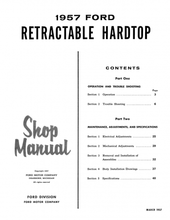 1957 Ford Retractable Hardtop Shop Manual
