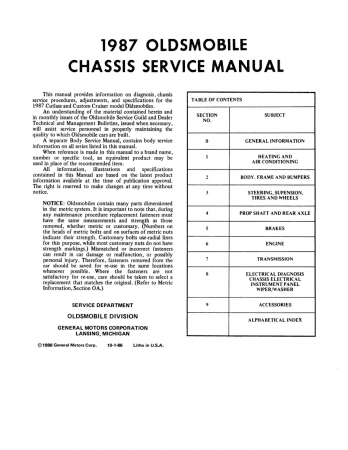1987 Oldsmobile Cutlass Supreme & Salon Service Manual - Includes 8A Electrical Diagnosis Update Supplement