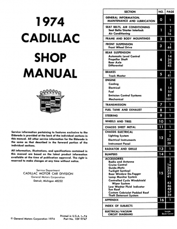 1974 Cadillac Shop Manual Includes Wiring / Vacuum Diagrams