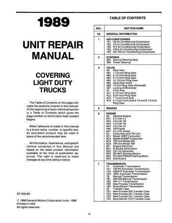 1989 Chevrolet Light Duty Truck Unit Repair Manual