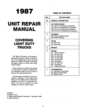 1987 Chevrolet Light Duty Truck Unit Repair Manual