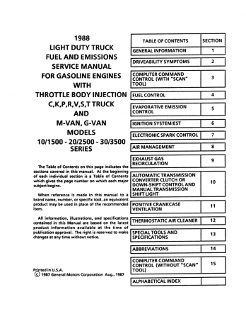 1988 Chevrolet C-K Pick-Up Fuel & Emissions Service Manual Supplement to 1988 Chevy C-K Shop Manual