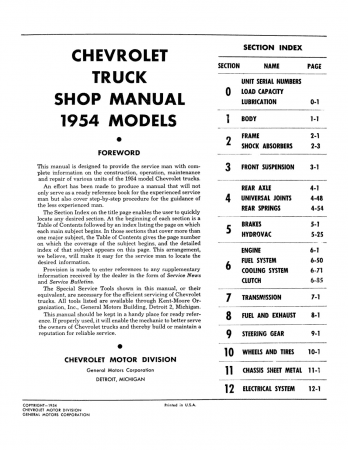 1954 - 1955 Chevy Truck Shop Manual - 1st Series (Includes 1955 1st Series Supplement)