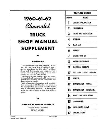 1961 - 1962 Chevrolet Truck Shop Manual Supplement to 1960 Chevy Truck Shop Manual