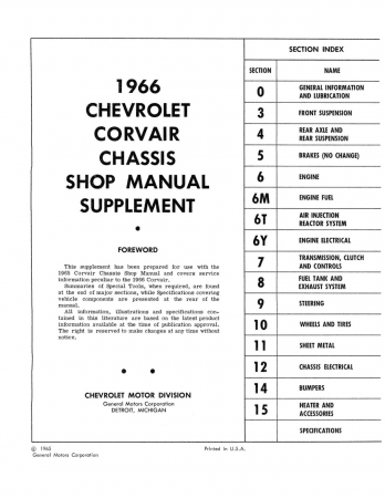 1966 - 1969 Chevy Corvair Shop Manual Supplements