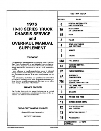 1975 Chevrolet Light Duty Truck Service & Overhaul Manual Supplement to 1974 Chevy Truck Shop Manual