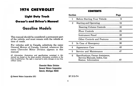 1974 Chevy Truck 10-30 Instruktionsbok