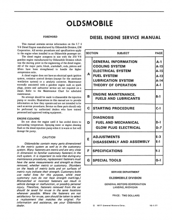 1978 Oldsmobile 5.7L Diesel Engine Service Manual