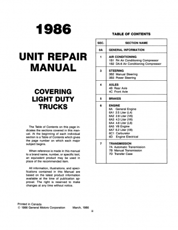1986 Chevrolet Light Duty Truck Unit Repair Manual