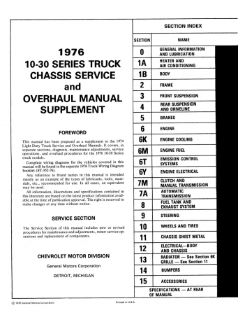 1976 Chevrolet Light Duty Truck Service & Overhaul Manual Supplement to 1974 Chevy Truck Shop Manual