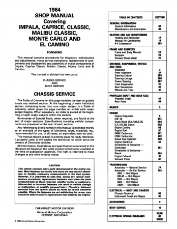 1984 Chevrolet Monte Carlo, El Camino, Impala, Caprice Shop Manual