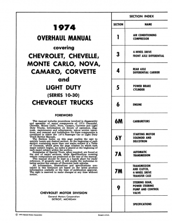 1974 Chevy Car / Truck Overhaul Manual