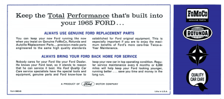 1965 Ford Car Owner's Manual Instruktionsbok