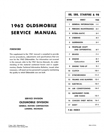 1962 Oldsmobile Shop Manual Supplement to 1961 Oldsmobile Shop Manual