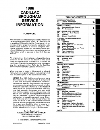 1986 Cadillac Fleetwood Brougham Shop Manual