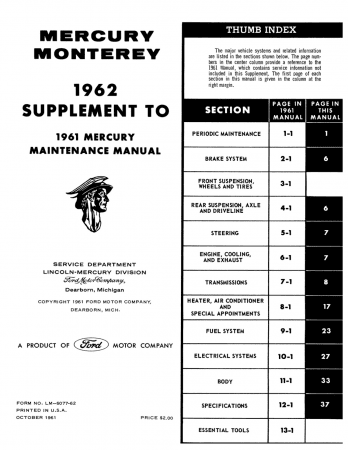 1962 Mercury Monterey Supplment to 1961 Mercury Maintenance Manual