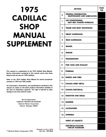 1975 Cadillac Shop Manual Supplement to 1974 Shop Manual
