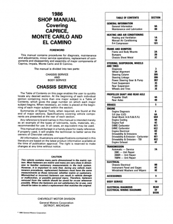 1986 Chevrolet Monte Carlo, El Camino, Caprice Shop Manual