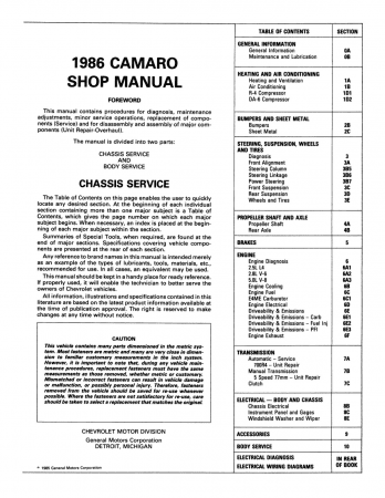 1986 Chevrolet Camaro Shop Manual (Chassis & Body) & Electrical Supplement