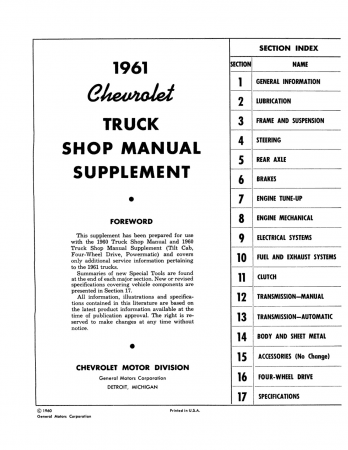 1961 Chevrolet Truck Shop Manual Supplement to 1960 Chevy Truck Shop Manual