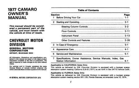 1977 Chevrolet Camaro Owner's Manual