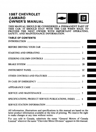 1987 Chevrolet Camaro Owner's Manual