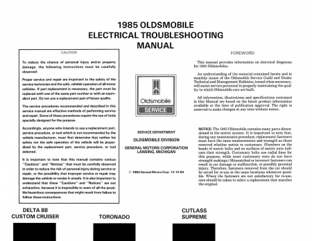 1985 Oldsmobile Electrical Troubleshooting Manual - Cutlass Supreme, Delta 88, Toronado