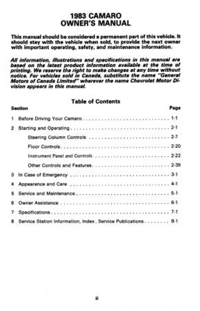 1983 Camaro Owner's Manual Instruktionsbok 