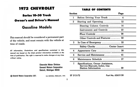 1972 Chevy Truck 10-30 Instruktionsbok