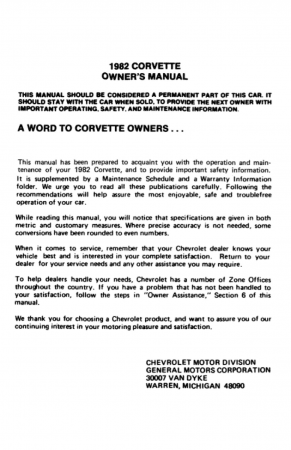 1982 Chevrolet Corvette Owner's Manual