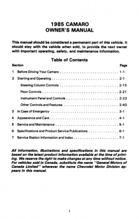 1985 Camaro Owner's Manual Instruktionsbok 