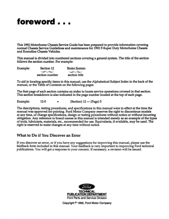 1992 Ford Motorhome Chassis Service Guide