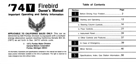 1974 Pontiac Firebird Owner's Manual Instruktionsbok 