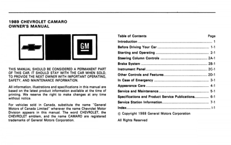 1989 Camaro Owner's Manual Instruktionsbok 