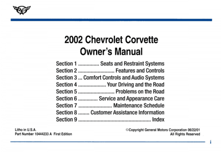 2002 Corvette Owner's Manual Instruktionsbok/bruksanvisning