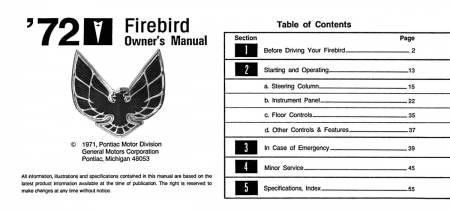 1972 Pontiac Firebird Owner's Manual Instruktionsbok 