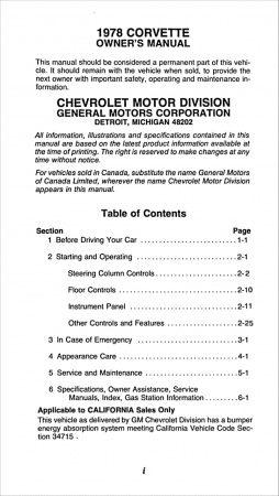 1978 Chevrolet Corvette Limited Edition (Pace Car) Owners Manual Reproduction
