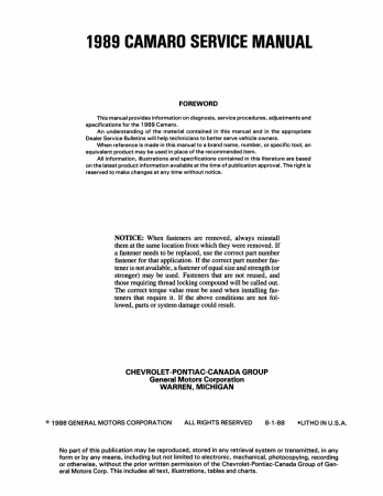 1989 Chevrolet Camaro Service Manual