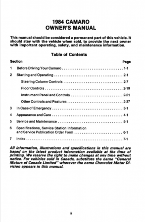 1984 Chevrolet Camaro Owner's Manual