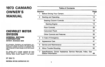 1973 Chevrolet Camaro Owner's Manual