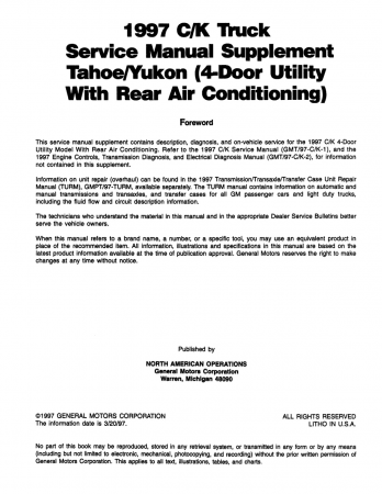 1997 Chevrolet & GMC C/K Truck, Tahoe, Yukon Rear Air Conditioning Service Manual Supplement to 1997 C-K Service Manual