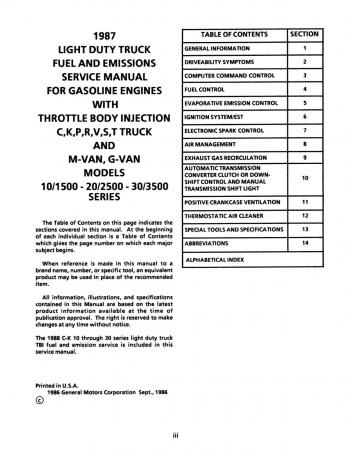1987 GMC Light Duty Truck Fuel, Driveability and Emissions Manual